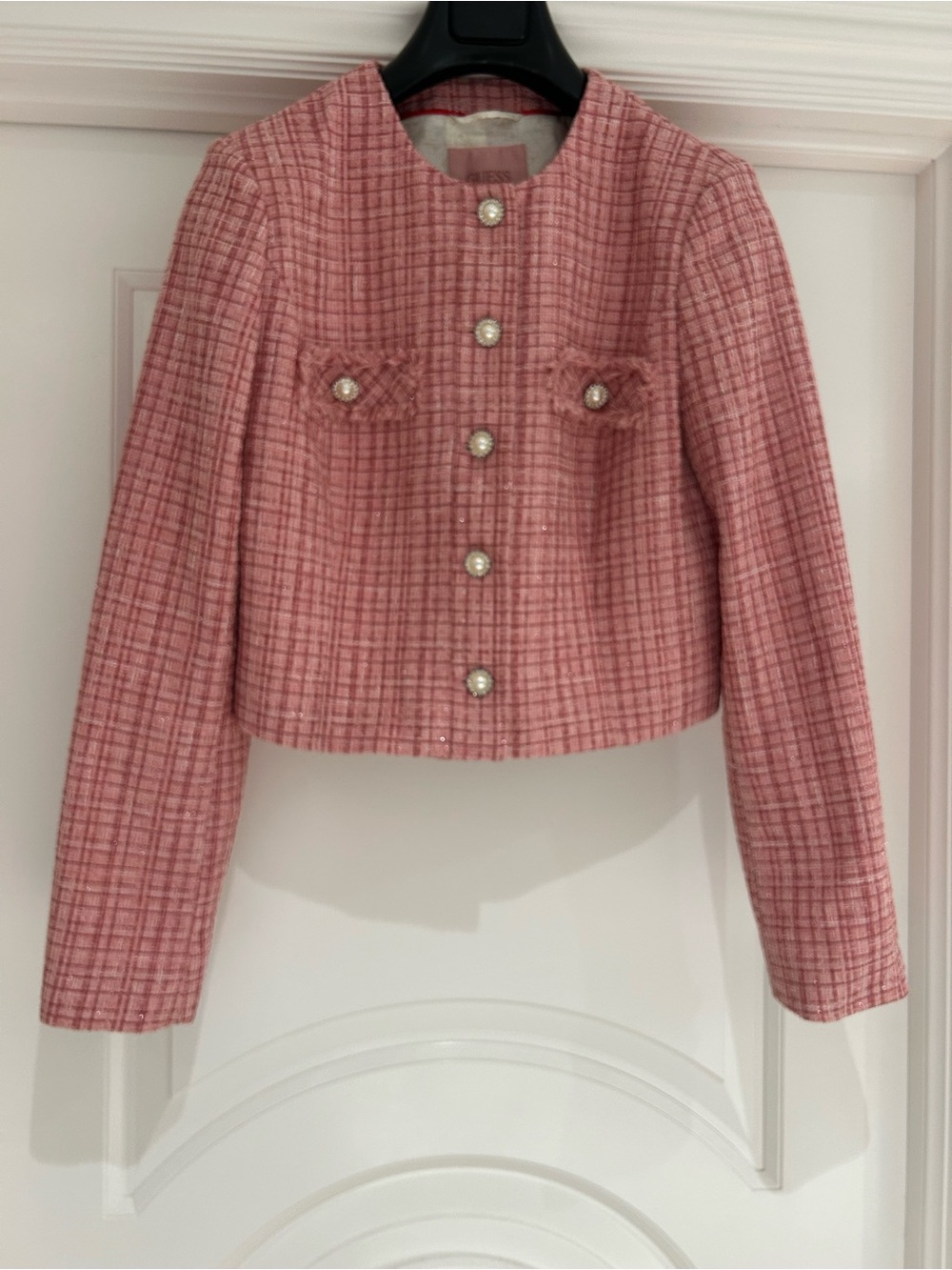 Guess Pink Tweed Cropped Pearl-Button Jacket